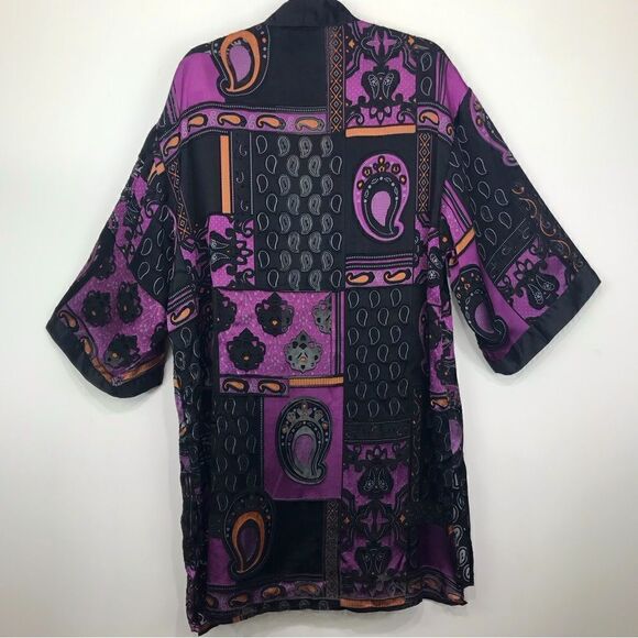 DEX Black Purple Paisley Pattern Semi Sheer Kimono Duster Tunic Cardigan - Picture 5 of 16